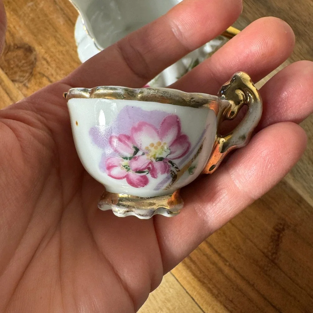 Miniature Porcelain Tea Set Creamer Teacups White Pink Gold Floral Vintage 3pc